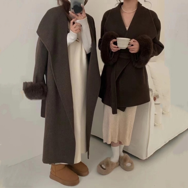 Palton de lână pentru femei, dublu fațetat, două lungimi, rever mare, curea, croială lejeră, lungime medie 65–80 cm