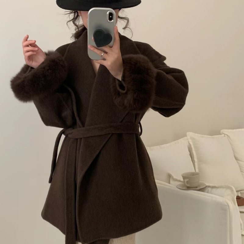 Palton de lână pentru femei, dublu fațetat, două lungimi, rever mare, curea, croială lejeră, lungime medie 65–80 cm