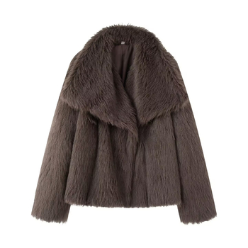 Palton din blană artificială, cu rever mare, lungime scurtă, material poliester, nasturi snap