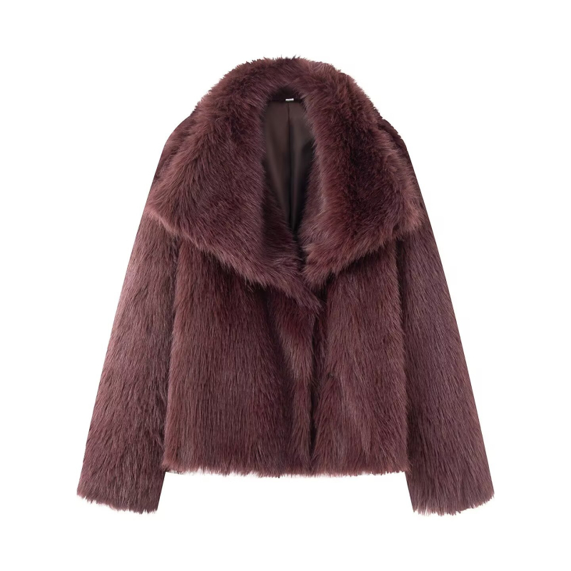 Palton din blană artificială, cu rever mare, lungime scurtă, material poliester, nasturi snap