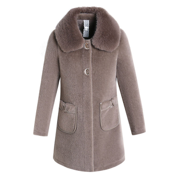 Sieviešu ziemas mētelis ar norkas kažokādas detaļu, poliesters >95%, bez gludināšanas, pilsētas stilā, Ziemas 2024