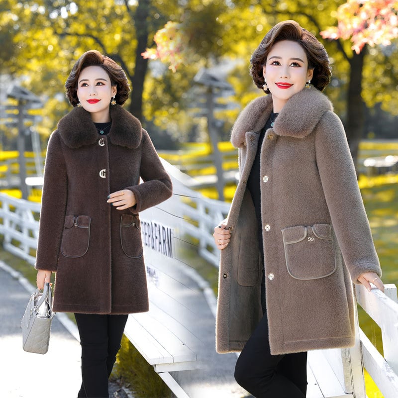 Palton de iarnă pentru femei cu detaliu de blană de nurcă, poliester >95%, fără călcare, stil urban, Iarna 2024