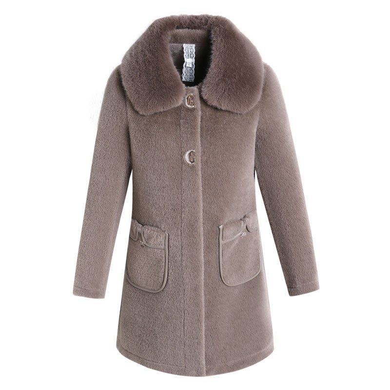 Sieviešu ziemas mētelis ar norkas kažokādas detaļu, poliesters >95%, bez gludināšanas, pilsētas stilā, Ziemas 2024