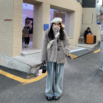 Palton de lână pentru femei, cu guler polo, mâneci prințese, închidere cu cataramă disc, lungime ultra scurtă