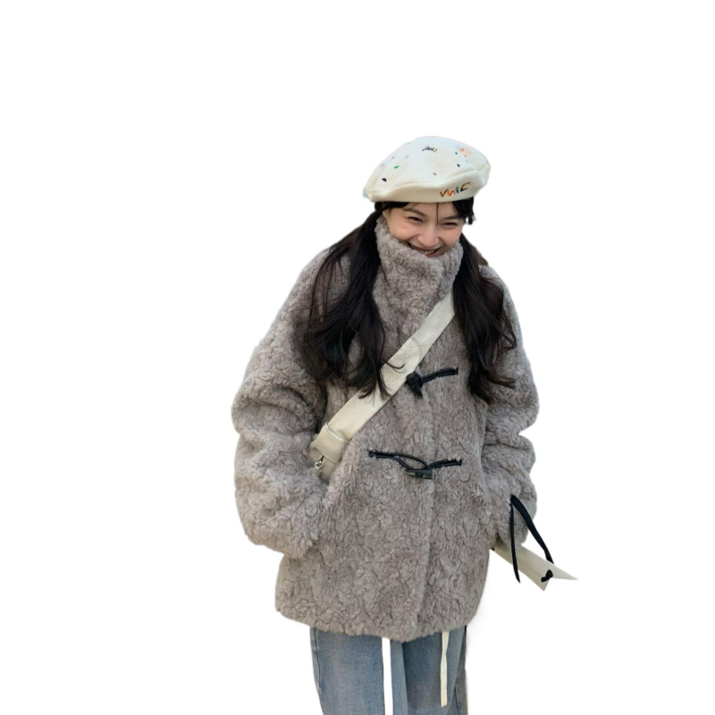 Palton de lână pentru femei, cu guler polo, mâneci prințese, închidere cu cataramă disc, lungime ultra scurtă