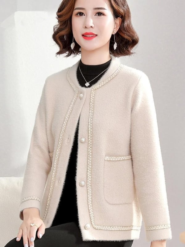 Cardigan tricotat pentru femei, elegant pentru oraș, nylon 66% / poliester 34%, model uni, lungime 50-65 cm, broderie