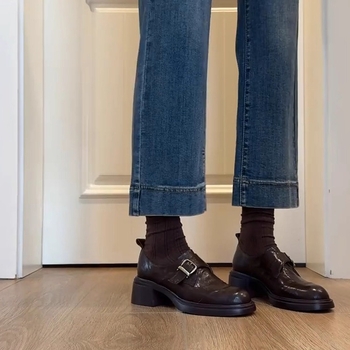 Ženske kožne cipele – okrugli vrh, dubok otvor, britanski stil, gumena potplata, srednji pet