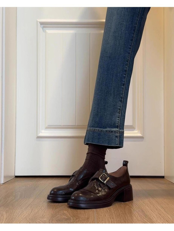 Ženske kožne cipele – okrugli vrh, dubok otvor, britanski stil, gumena potplata, srednji pet