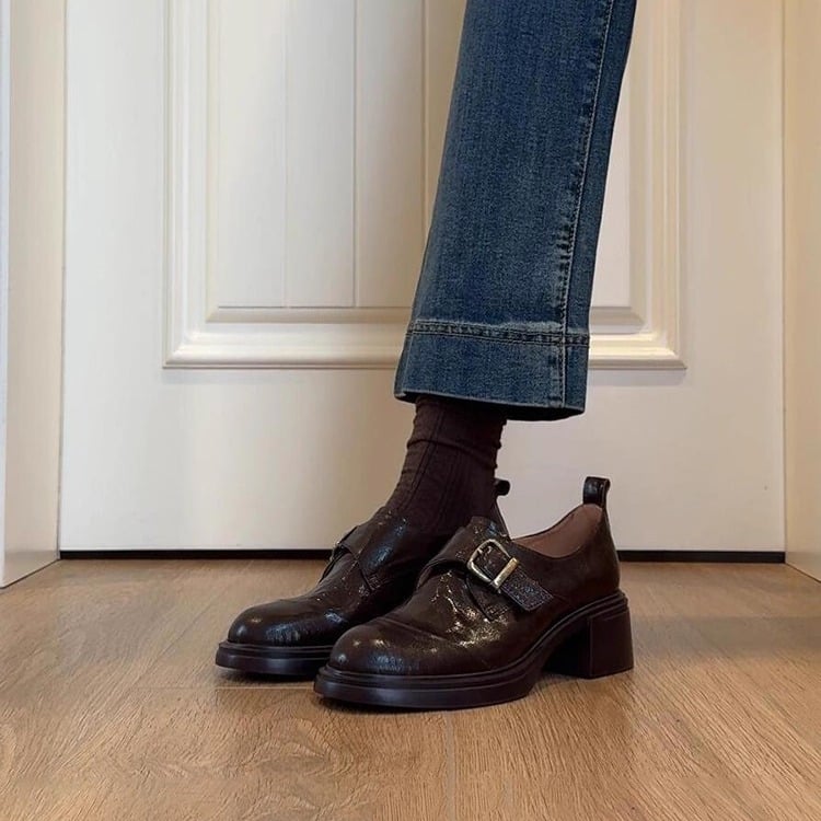 Ženske kožne cipele – okrugli vrh, dubok otvor, britanski stil, gumena potplata, srednji pet