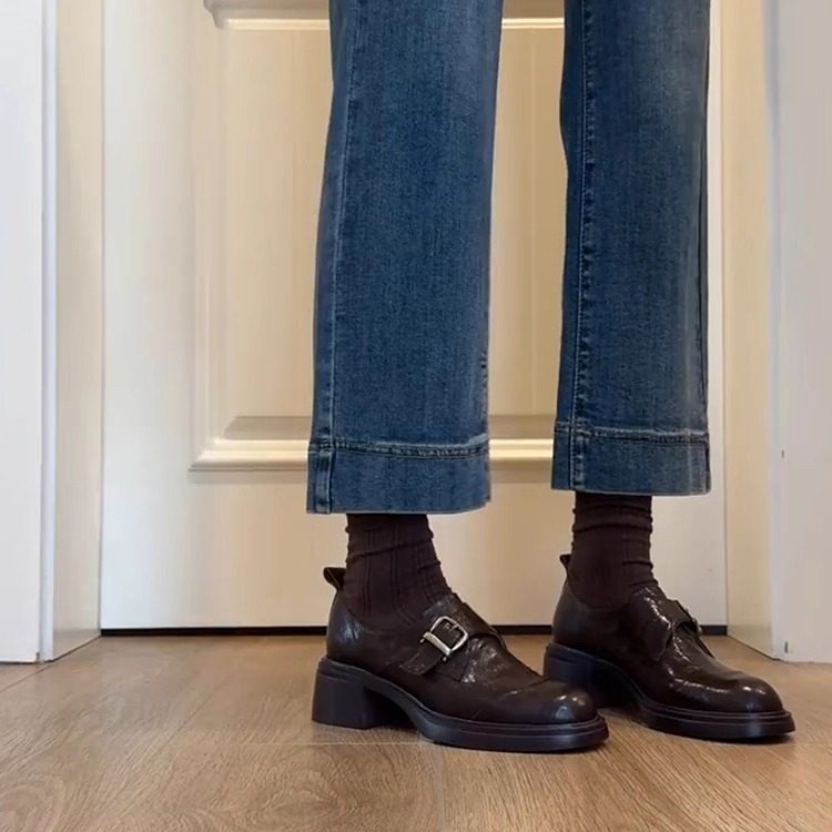 Ženske kožne cipele – okrugli vrh, dubok otvor, britanski stil, gumena potplata, srednji pet