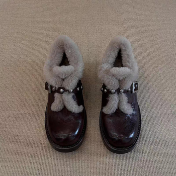 Ženske britskog stila loaferice s okruglim vrhom, PU gornji dio, flisasta unutrašnjost, 3-5 cm debeli peta, gumeni potplat