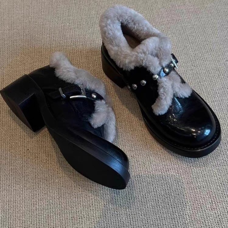 Ženske britskog stila loaferice s okruglim vrhom, PU gornji dio, flisasta unutrašnjost, 3-5 cm debeli peta, gumeni potplat