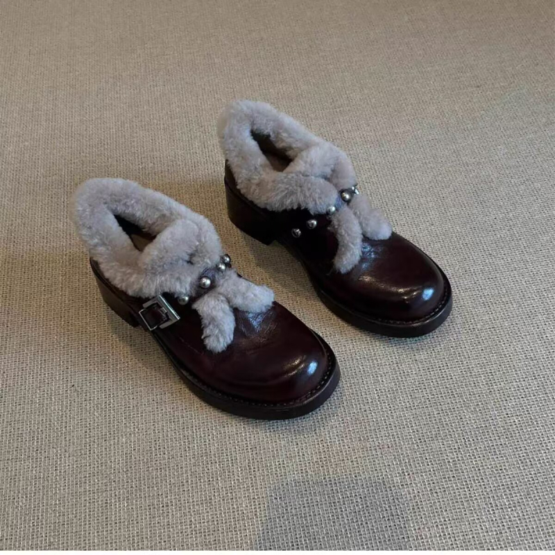 Ženske britskog stila loaferice s okruglim vrhom, PU gornji dio, flisasta unutrašnjost, 3-5 cm debeli peta, gumeni potplat