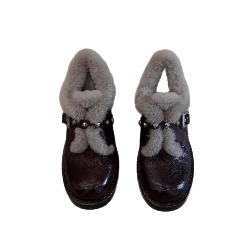 Ženske britskog stila loaferice s okruglim vrhom, PU gornji dio, flisasta unutrašnjost, 3-5 cm debeli peta, gumeni potplat