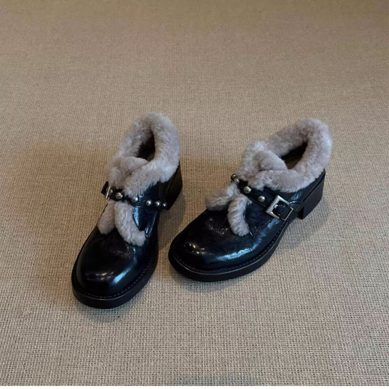 Ženske britskog stila loaferice s okruglim vrhom, PU gornji dio, flisasta unutrašnjost, 3-5 cm debeli peta, gumeni potplat