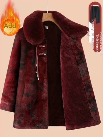 Žieminis mink velūro paltas senjorams, laisvas kirpimo, vienbortis, polo apykaklė, storesnis šiltinimas, poliesteris 95%+, įdėklas: imitacijos šilkas-pamukas, japoniško/koreietiško laisvo stiliaus, Žiema 2025