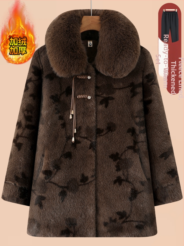 Žieminis mink velūro paltas senjorams, laisvas kirpimo, vienbortis, polo apykaklė, storesnis šiltinimas, poliesteris 95%+, įdėklas: imitacijos šilkas-pamukas, japoniško/koreietiško laisvo stiliaus, Žiema 2025