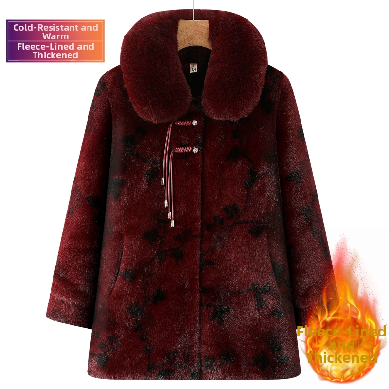 Žieminis mink velūro paltas senjorams, laisvas kirpimo, vienbortis, polo apykaklė, storesnis šiltinimas, poliesteris 95%+, įdėklas: imitacijos šilkas-pamukas, japoniško/koreietiško laisvo stiliaus, Žiema 2025