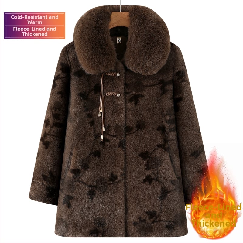 Žieminis mink velūro paltas senjorams, laisvas kirpimo, vienbortis, polo apykaklė, storesnis šiltinimas, poliesteris 95%+, įdėklas: imitacijos šilkas-pamukas, japoniško/koreietiško laisvo stiliaus, Žiema 2025