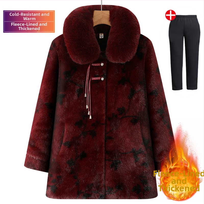 Žieminis mink velūro paltas senjorams, laisvas kirpimo, vienbortis, polo apykaklė, storesnis šiltinimas, poliesteris 95%+, įdėklas: imitacijos šilkas-pamukas, japoniško/koreietiško laisvo stiliaus, Žiema 2025