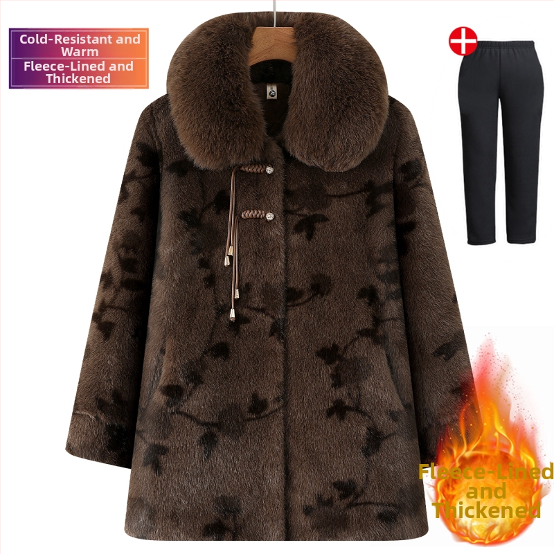 Žieminis mink velūro paltas senjorams, laisvas kirpimo, vienbortis, polo apykaklė, storesnis šiltinimas, poliesteris 95%+, įdėklas: imitacijos šilkas-pamukas, japoniško/koreietiško laisvo stiliaus, Žiema 2025