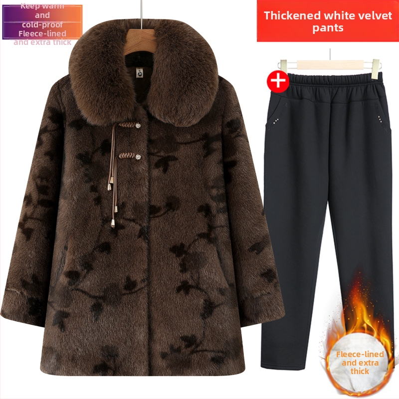 Žieminis mink velūro paltas senjorams, laisvas kirpimo, vienbortis, polo apykaklė, storesnis šiltinimas, poliesteris 95%+, įdėklas: imitacijos šilkas-pamukas, japoniško/koreietiško laisvo stiliaus, Žiema 2025