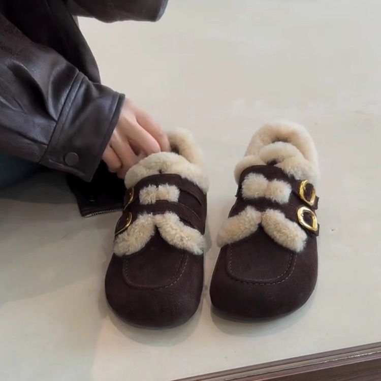 Loafers dama din piele de miel, în stil retro, cu întărire internă, vârf rotund, curele cu catarame duble, căptușeală caldă din lână