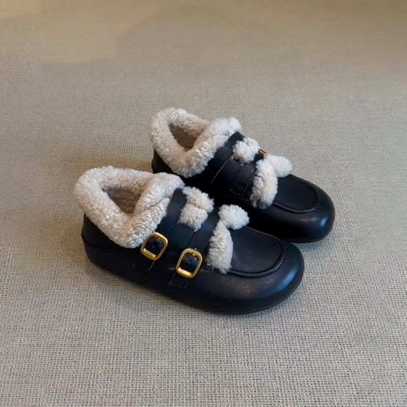 Loafers dama din piele de miel, în stil retro, cu întărire internă, vârf rotund, curele cu catarame duble, căptușeală caldă din lână