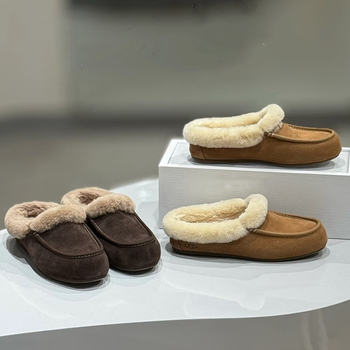 Loafers cu vârf drept, din pluș sintetic, căptușite cu lână artificială, talpă din cauciuc, toc plat redus