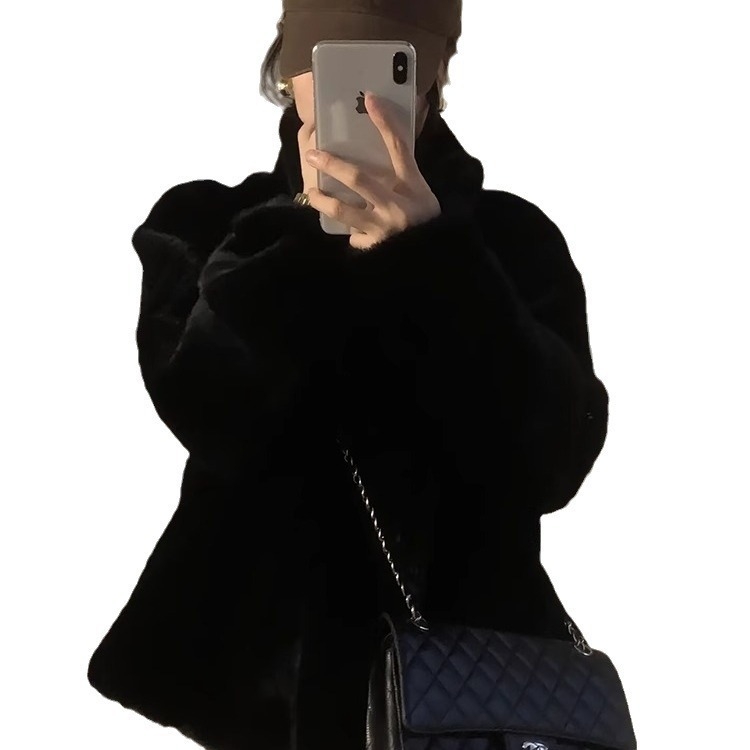 Palton damă din blană de nurcă, lungime scurtă, guler înalt, pluș moale, iarnă 2025, țesătură lână artificială, principală țesătură piele artificială 50–70%