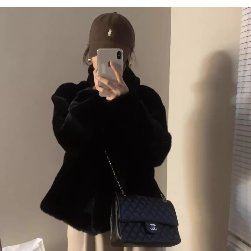 Palton damă din blană de nurcă, lungime scurtă, guler înalt, pluș moale, iarnă 2025, țesătură lână artificială, principală țesătură piele artificială 50–70%