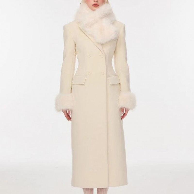 Palton din lână reversibil pentru femei - lung, talie în formă de clepsidră, guler polo, textură reliefată, guler din blană artificială, mâneci lungi