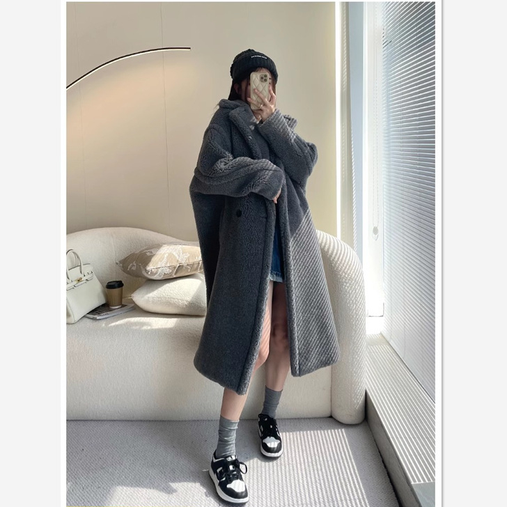 Palton damă din blană artificială, stil Teddy Bear, guler polo, material chenille cu spandex, stil Royal Sister Wind