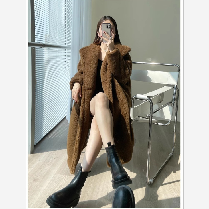Palton damă din blană artificială, stil Teddy Bear, guler polo, material chenille cu spandex, stil Royal Sister Wind