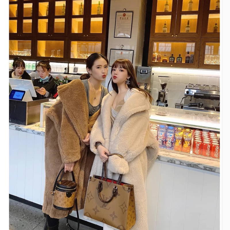 Palton damă din blană artificială, stil Teddy Bear, guler polo, material chenille cu spandex, stil Royal Sister Wind