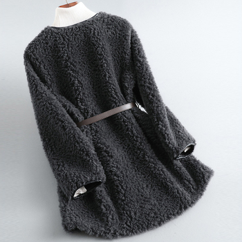 Palton din blană de oaie pentru femei, lungime medie, guler în V, mâneci lungi, țesătură din lână (>95%)