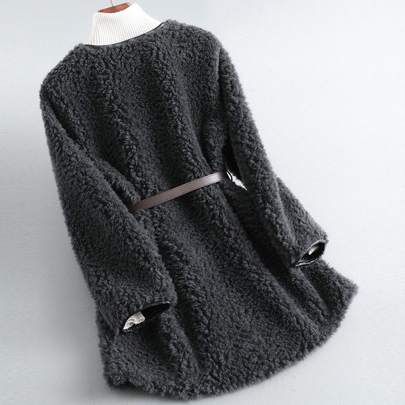 Palton din blană de oaie pentru femei, lungime medie, guler în V, mâneci lungi, țesătură din lână (>95%)