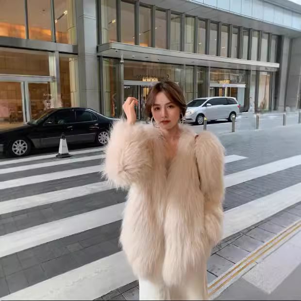 Palton din blană de raton, cu două fețe, pentru femei, stil coreean, decolteu în V