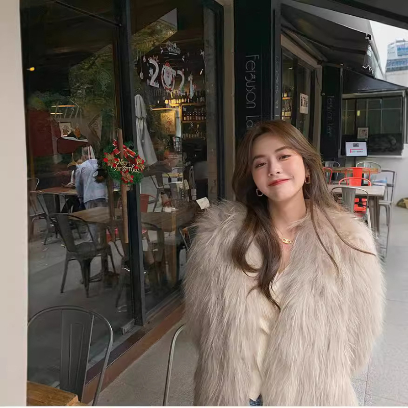 Palton din blană de raton, cu două fețe, pentru femei, stil coreean, decolteu în V