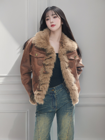 Rövid műszőrmés róka kabát velúr külsővel, hosszú ujjú, gallér típusa: lapel, női téli vise, 2024