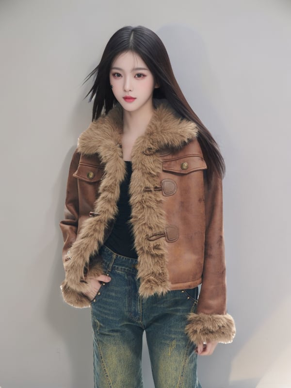 Rövid műszőrmés róka kabát velúr külsővel, hosszú ujjú, gallér típusa: lapel, női téli vise, 2024