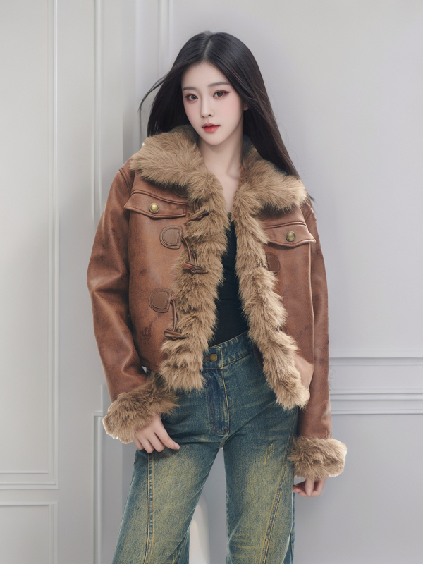 Rövid műszőrmés róka kabát velúr külsővel, hosszú ujjú, gallér típusa: lapel, női téli vise, 2024
