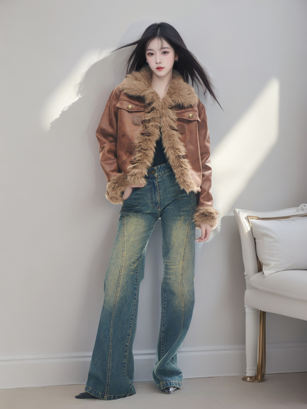 Rövid műszőrmés róka kabát velúr külsővel, hosszú ujjú, gallér típusa: lapel, női téli vise, 2024