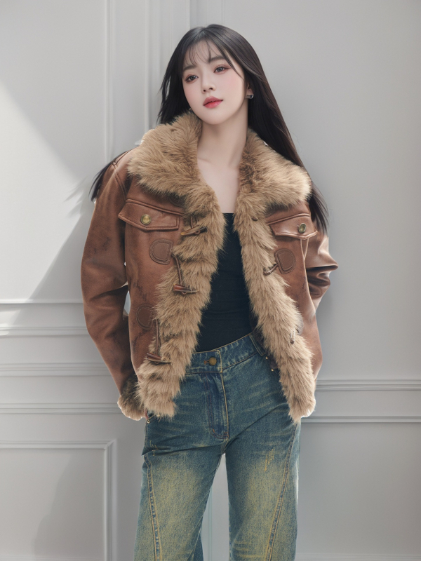 Rövid műszőrmés róka kabát velúr külsővel, hosszú ujjú, gallér típusa: lapel, női téli vise, 2024