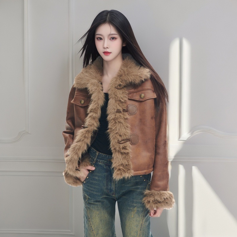 Rövid műszőrmés róka kabát velúr külsővel, hosszú ujjú, gallér típusa: lapel, női téli vise, 2024