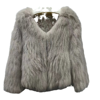 Palton scurt din blană de vulpe, cu două straturi, croială Slim-Fit, decolteu în V