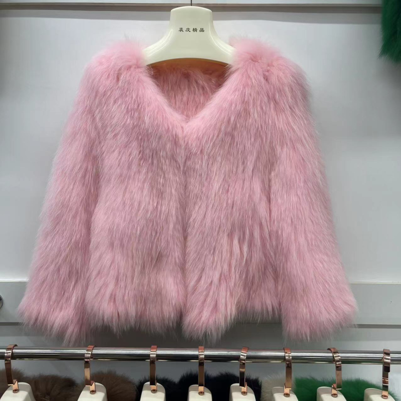 Palton scurt din blană de vulpe, cu două straturi, croială Slim-Fit, decolteu în V