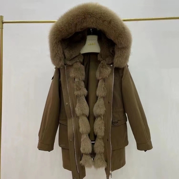 Γυναικείο γούνινο παλτό από τρίχωμα λαγού, με γιακά από γούνα αλεπούς, με αποσπώμενο εσωτερικό, μακριά μανίκια, ρετρό στυλ