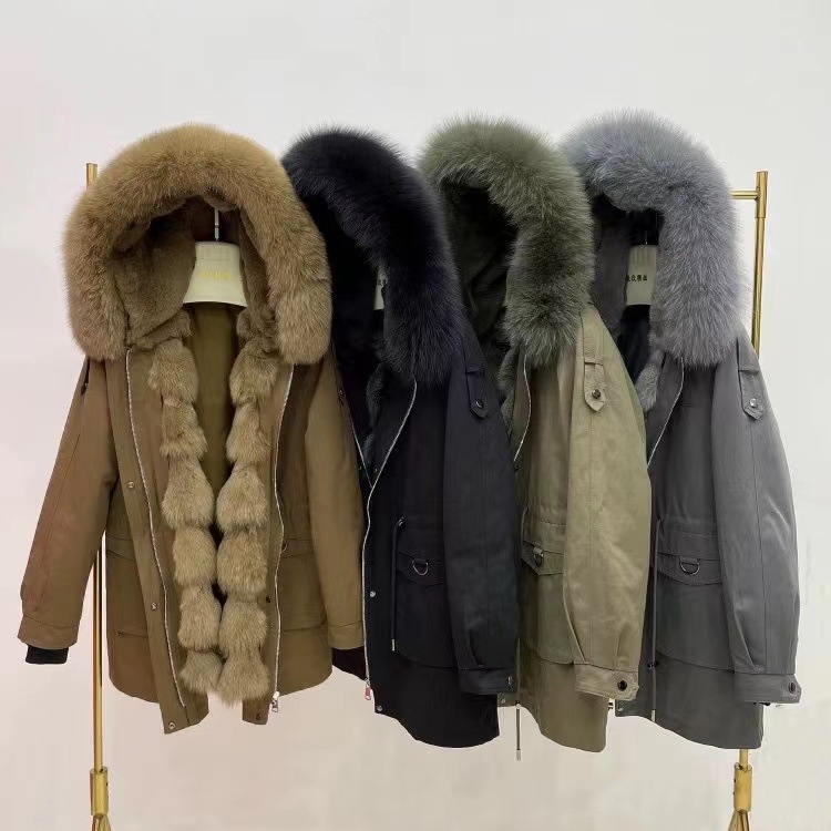 Γυναικείο γούνινο παλτό από τρίχωμα λαγού, με γιακά από γούνα αλεπούς, με αποσπώμενο εσωτερικό, μακριά μανίκια, ρετρό στυλ