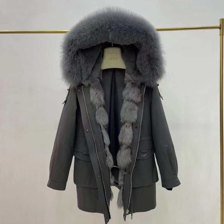 Γυναικείο γούνινο παλτό από τρίχωμα λαγού, με γιακά από γούνα αλεπούς, με αποσπώμενο εσωτερικό, μακριά μανίκια, ρετρό στυλ
